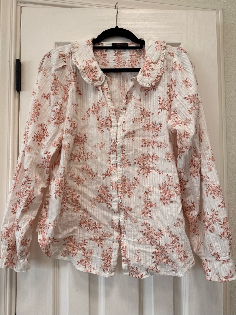 Quince - Embroidered Cotton Ruffle Collar Long Sleeve Blouse